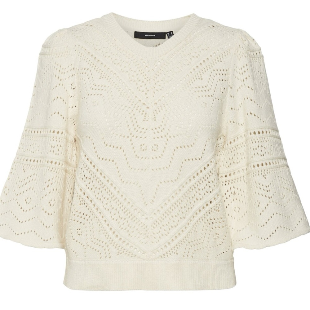 Vero Moda Bernadette Open Knit 2/4 O-neck Pullover Cream Boho Sweater Large